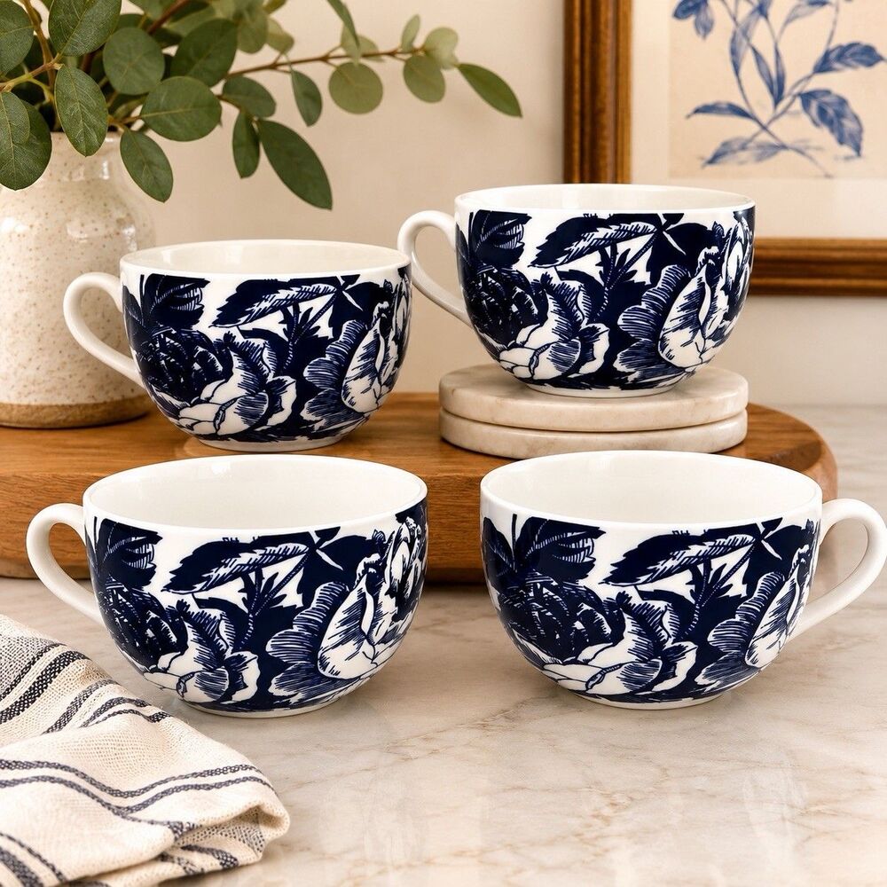 Isaac Mizrahi for Target Set of 4 Midnight Blue Floral Porcelain Oversized Mugs